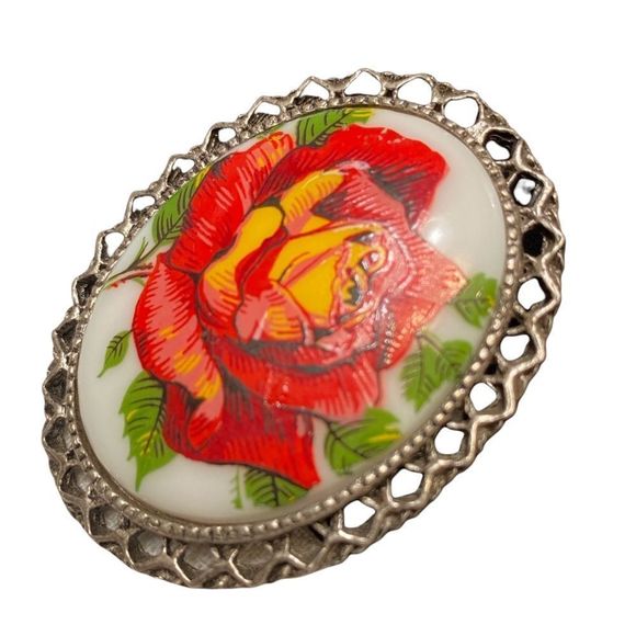 Vintage Silver Brooch With Porcelain Flower Cameo - Picture 5 of 12